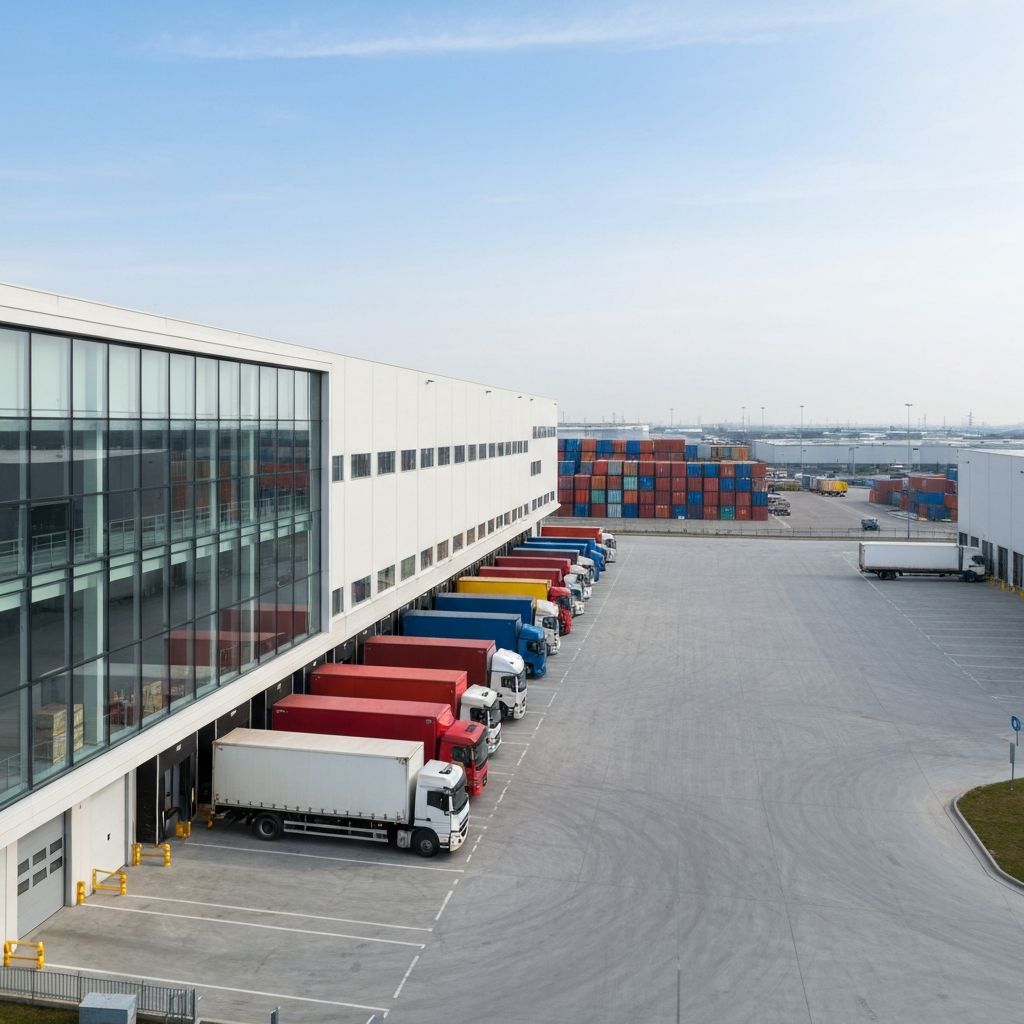 Modern logistics warehouse with trucks and shipping operations
